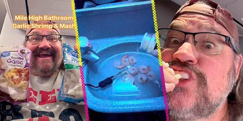 Il video del TikToker che cucina gamberetti all’aglio nel bagno dell’aereo