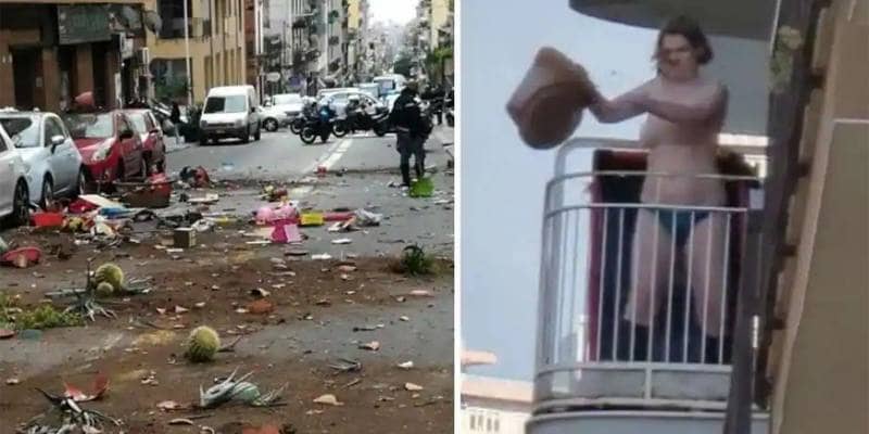 Una donna mezza nuda da di matto e lancia di tutto dal balcone